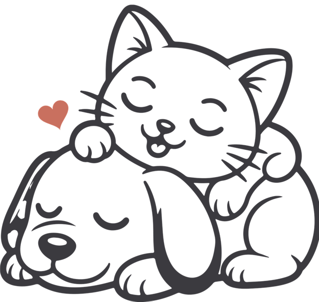 Un chaton endormi sur la tête d'un chiot, avec un petit cœur